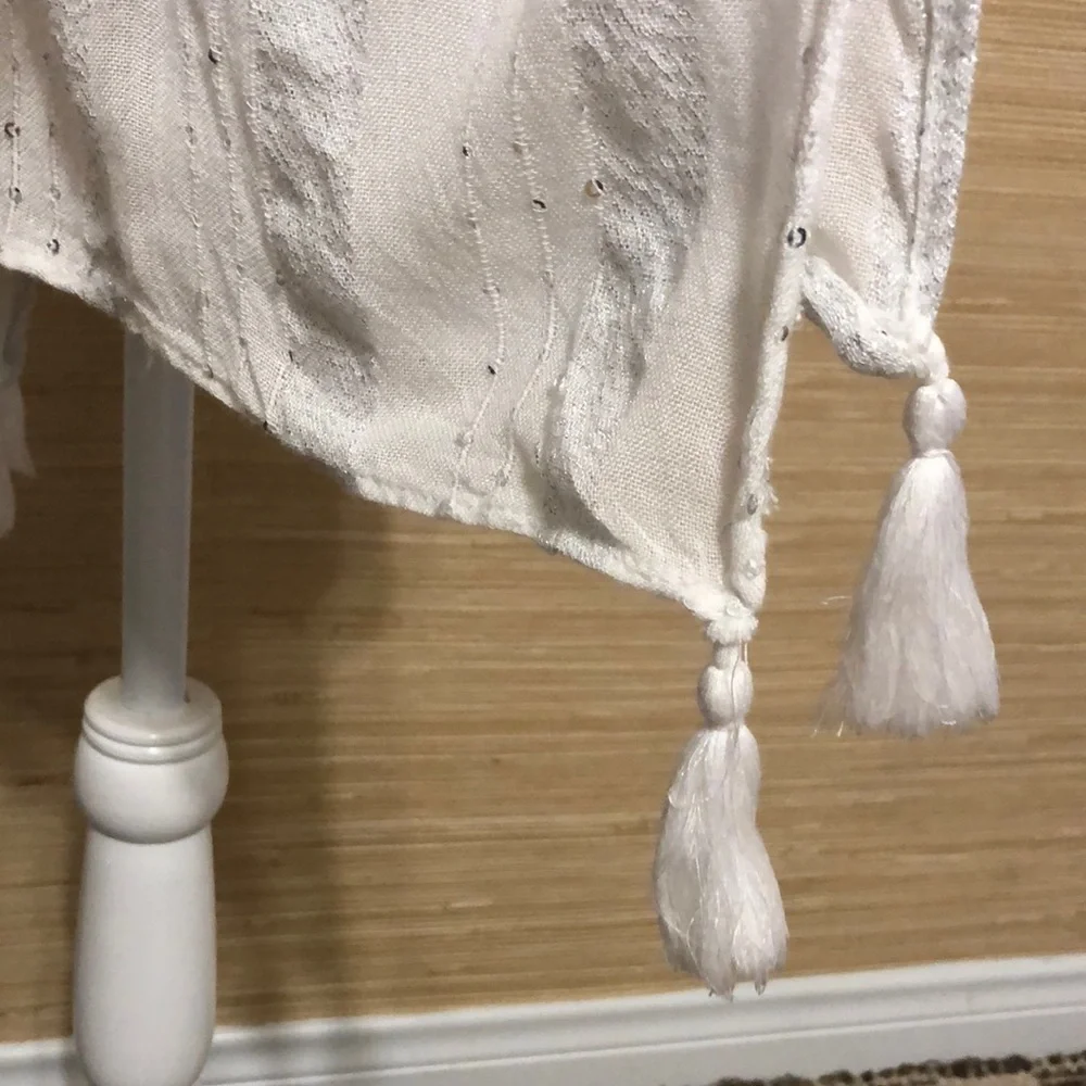White Women's Swim Drawstring Waist Silver Sequin Tassel Sheer Cover-Up L/XL